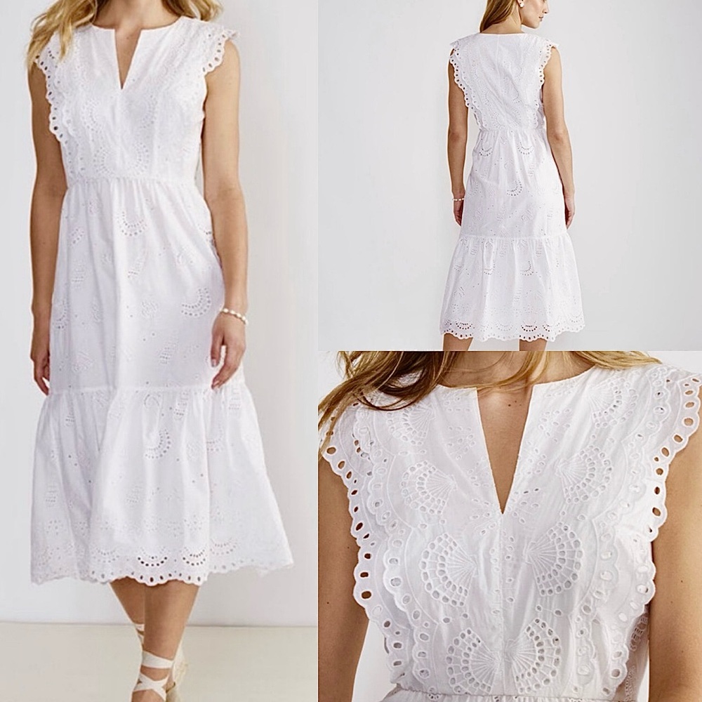 Vineyard Vines White Seashell Embroidered Eyelet Cotton Coastal Midi Dress NWT